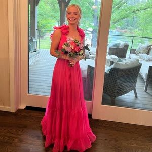 Mac Duggal Rose Pink Chiffon Gown Prom ruffle shoulders cut out tie back